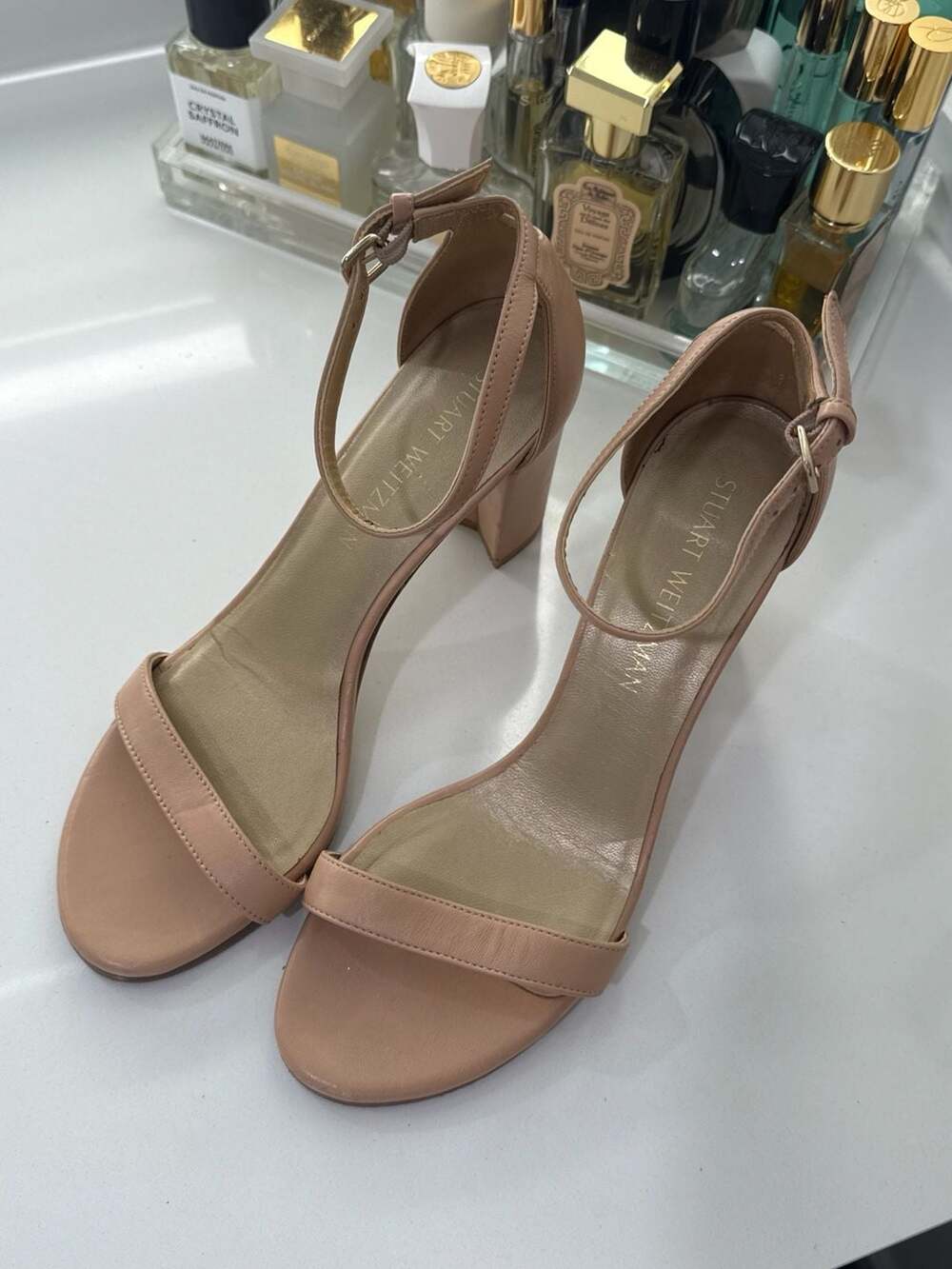 Stuart Weitzman Nude Leather Ankle Strap Block Heel Sandals Size 8 M